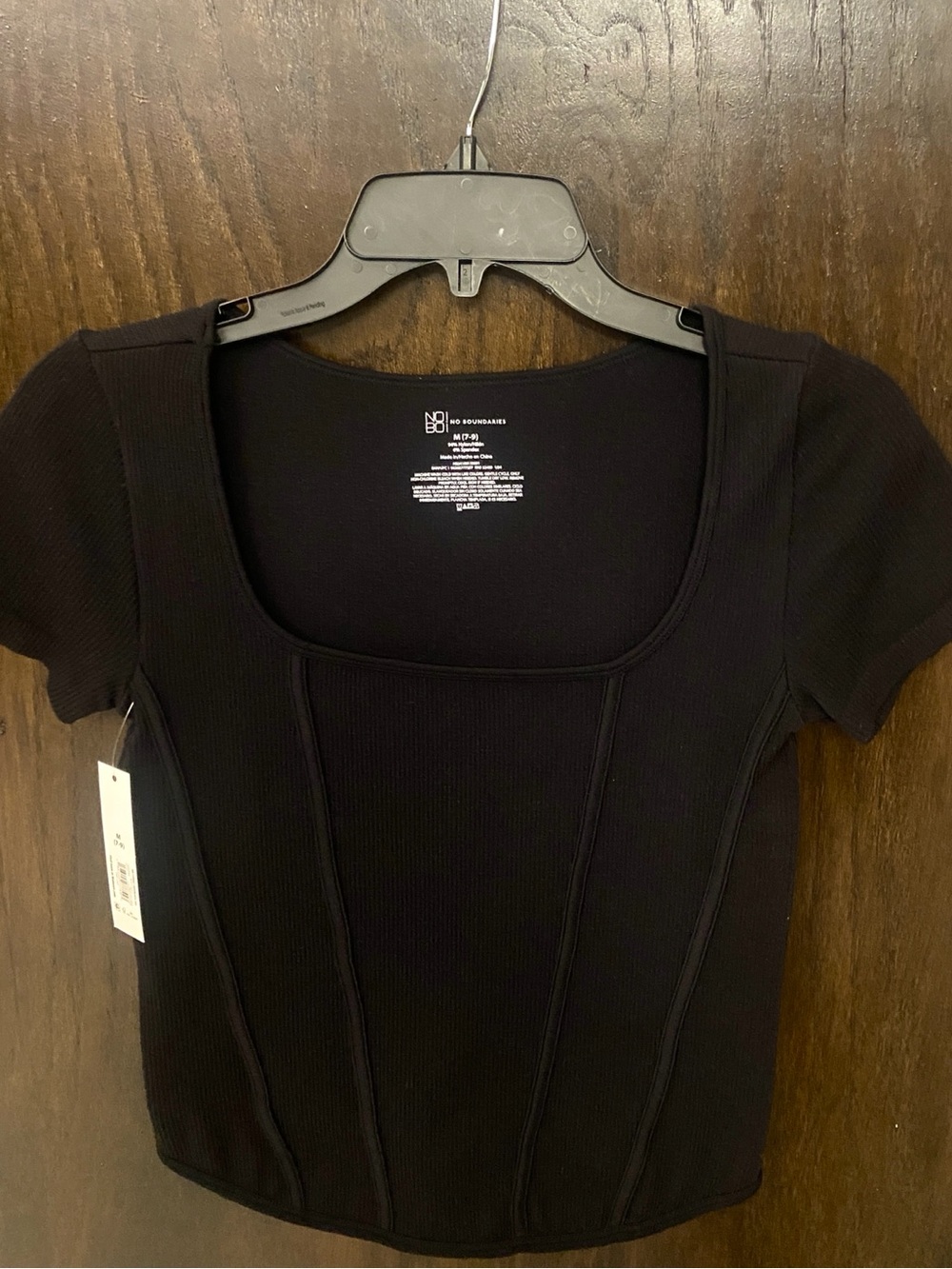 2/$20 Sale* Short Sleeve Ribbed Corset-style top, wide neckline, curved hem. Med